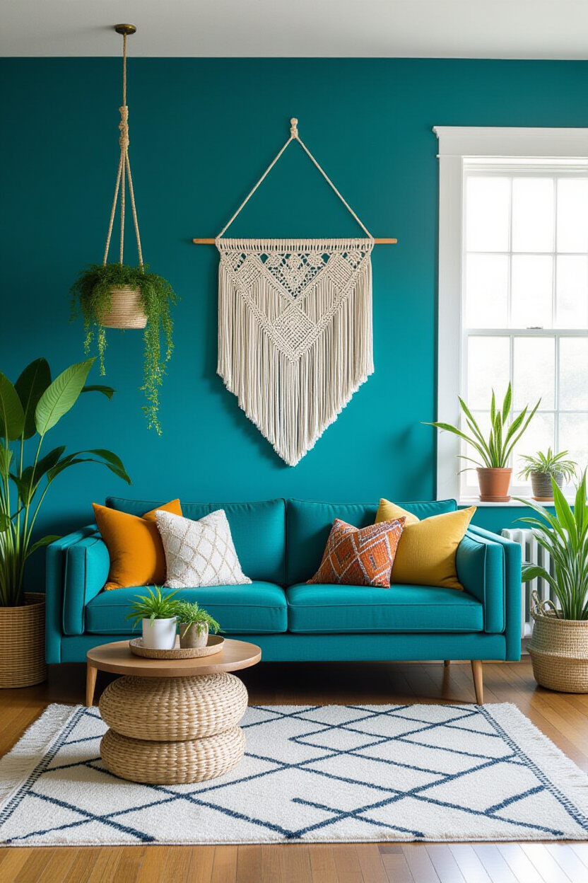 Teal Blue Couch: Boho Living Room Vibes