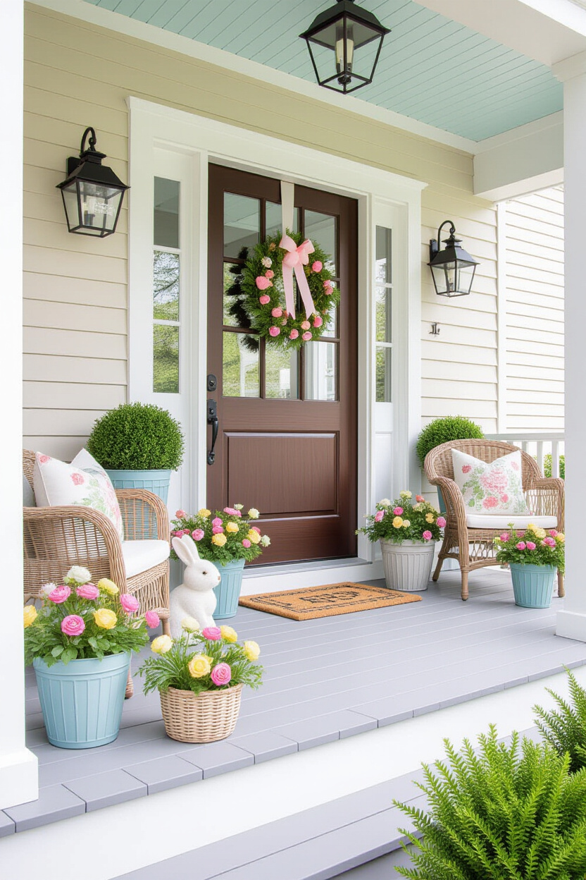 Charming Front Porch Easter Decorations Ideas with Planters