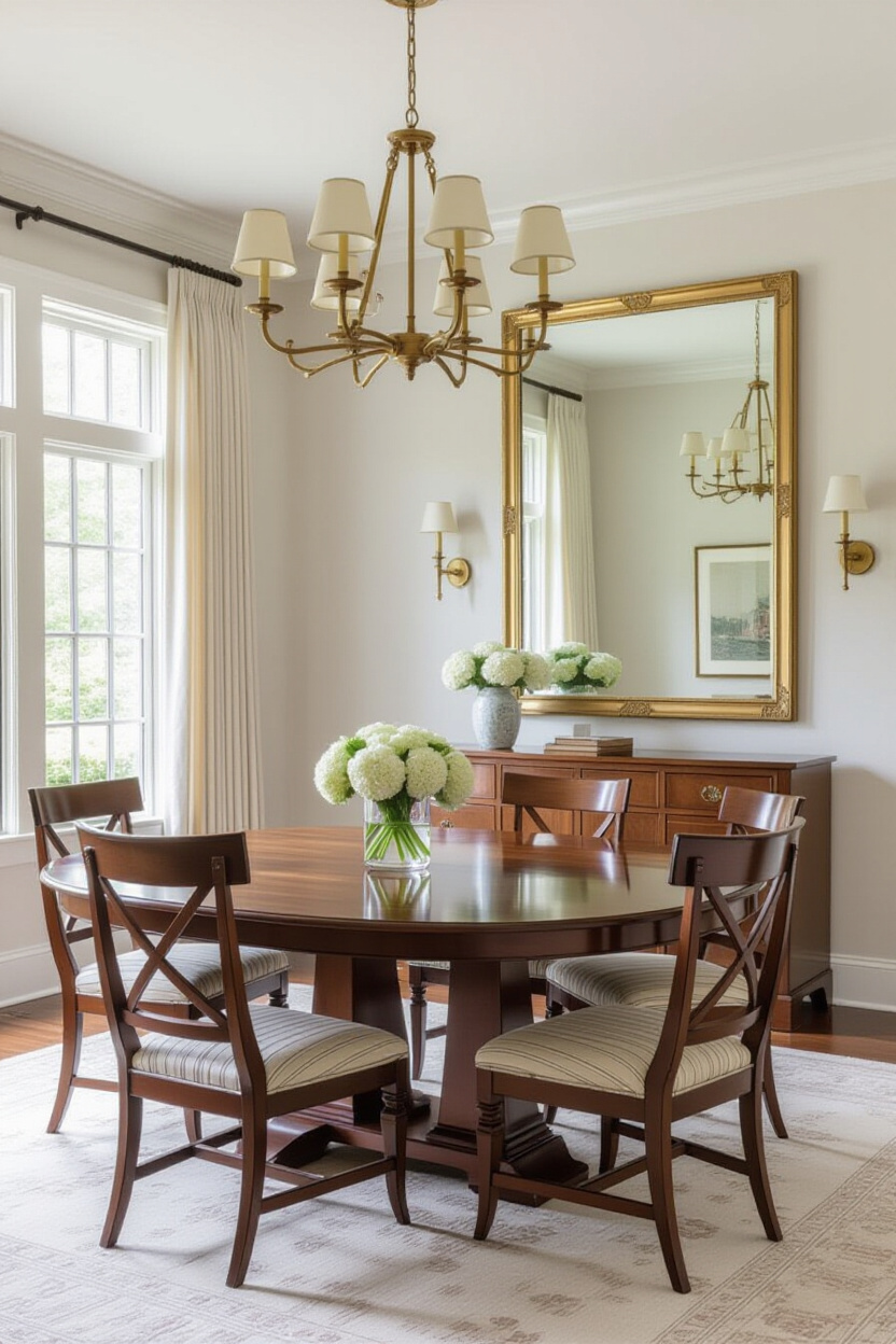 Elegant Dining Room Mirror Wall Behind the Table