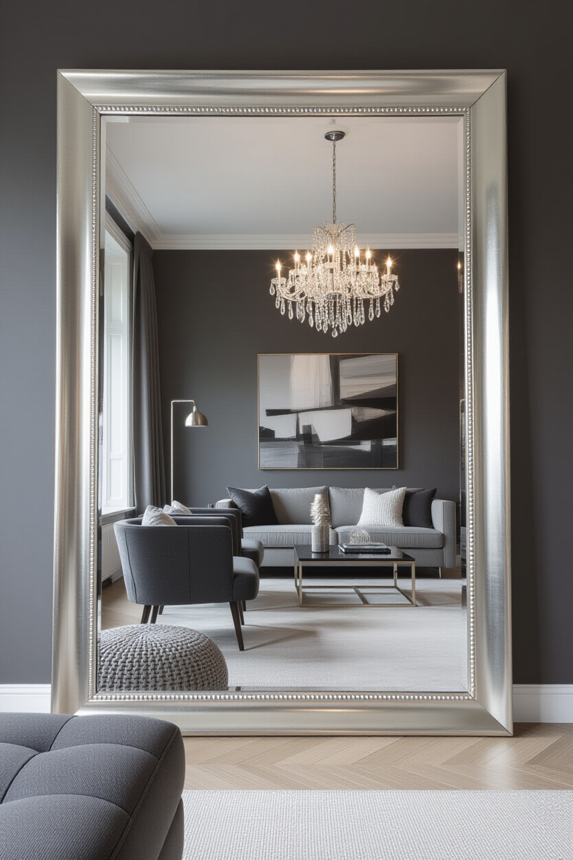 Grey Living Room Ideas with Large Silver Mirrors