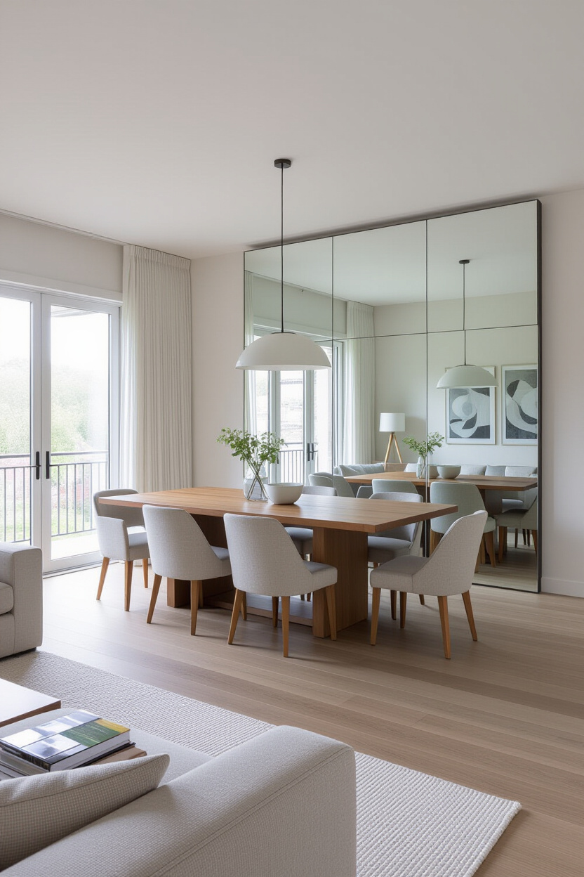 Large Mirror in Dining Room and Living Room Open Layouts