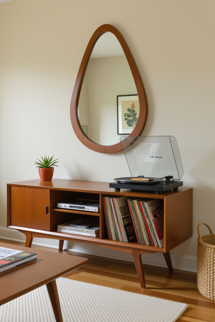 Midcentury Modern Living Room Decor with Teak Mirrors