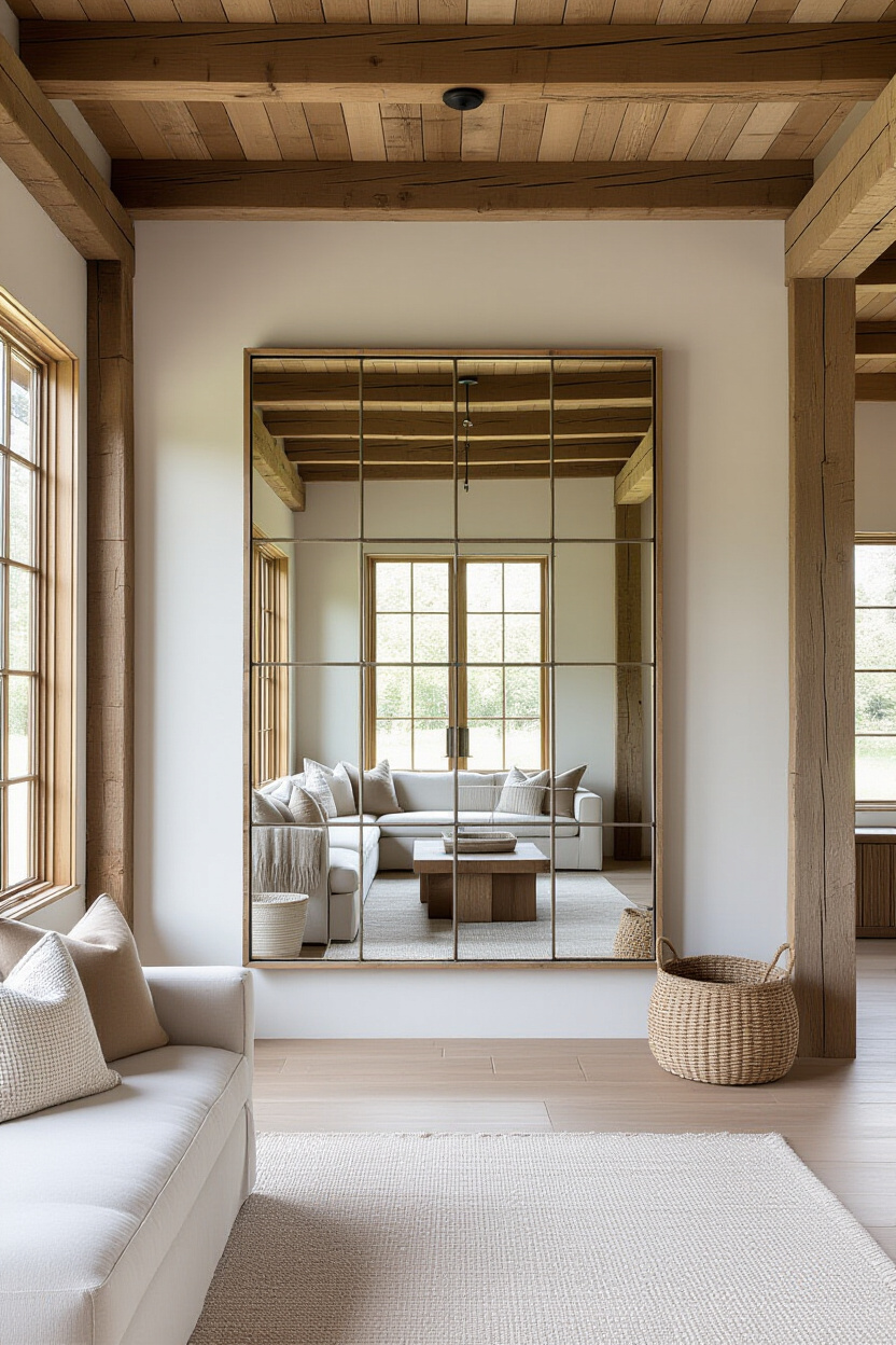 Rustic Modern Living Room Decor with Window Pane Mirrors